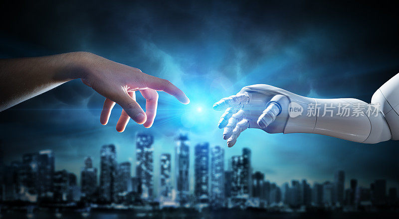 人类和机器人的手触摸手指-人工智能的创造