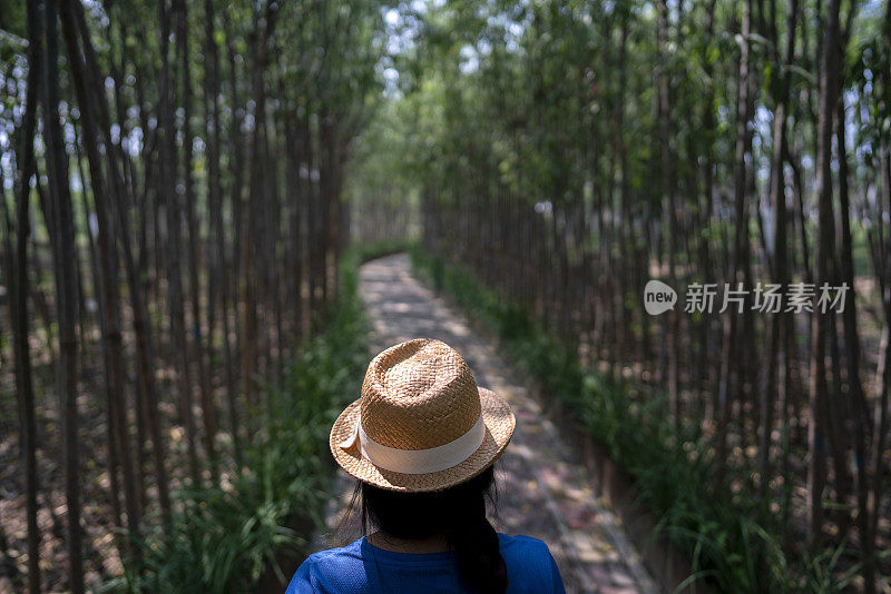 小女孩戴着太阳帽在公园里散步