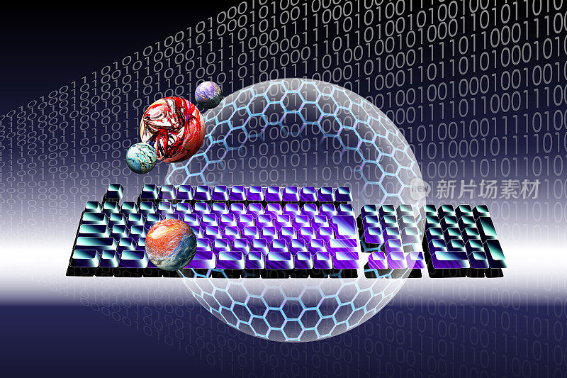 人工智能和纳米技术的原子和分子的球形图像。键盘被石墨烯和二进制代码包围着。