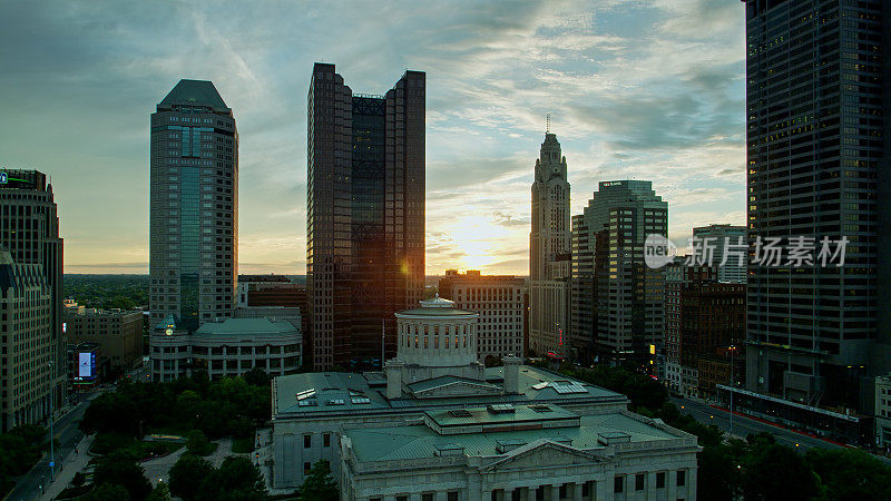 太阳落在俄亥俄州议会大厦和市中心哥伦布天际