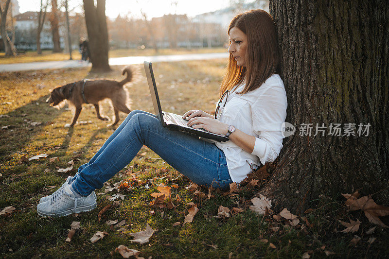 年轻美丽的女孩靠在公园的一棵树上坐着