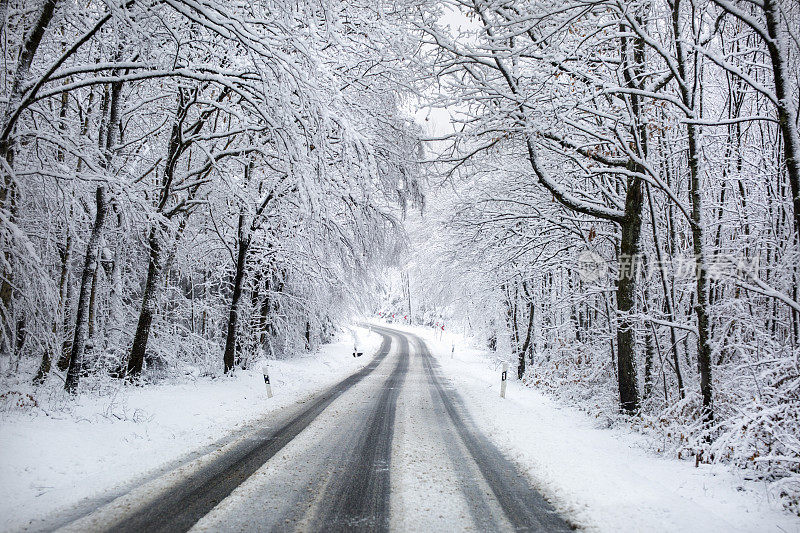 穿过森林的白雪覆盖的道路