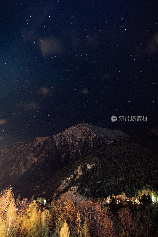 山夜景观与星星和空间，雪山的勃朗峰。美丽山谷中的白云石。旅游和度假摄影。