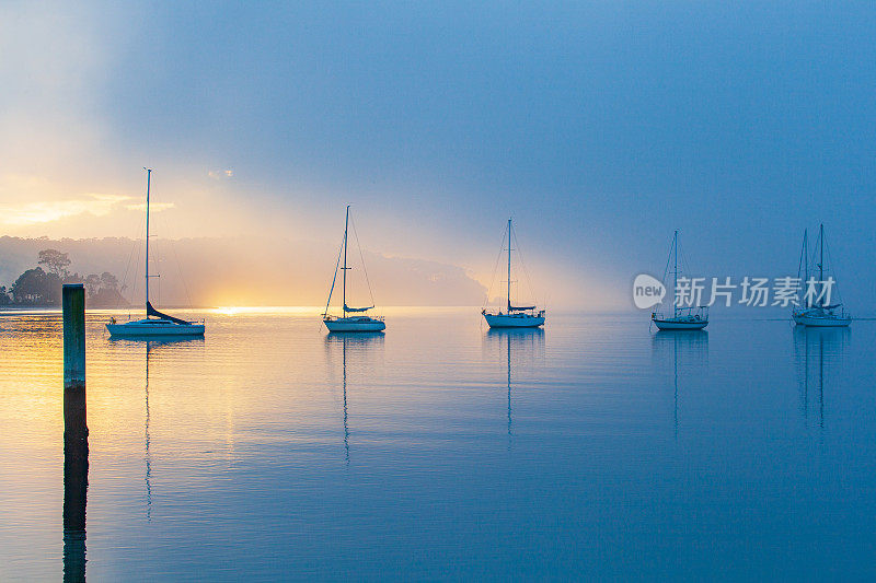 日出时，在浓雾和晨雾中平静的海湾航行