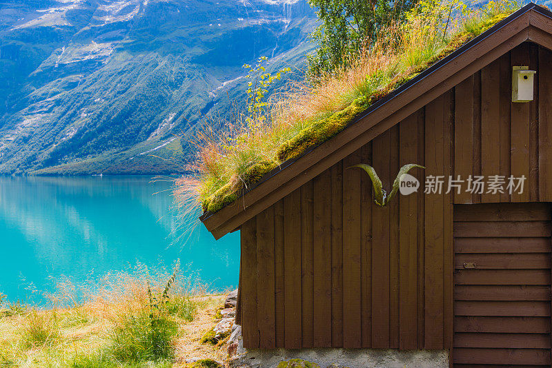 风景秀丽的山湖畔，维京人屋脊上有草的旧夏景观