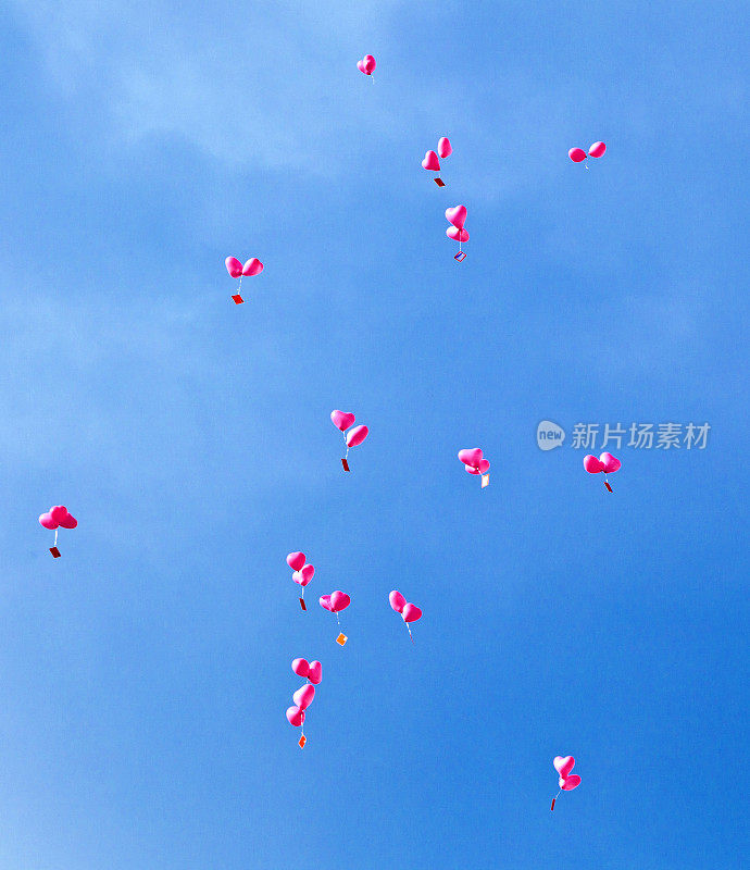 蓝色的天空中飘着写着信息的红色气球