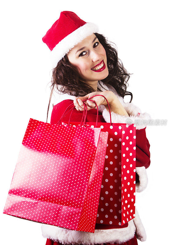 漂亮的圣诞老人和红色的购物袋