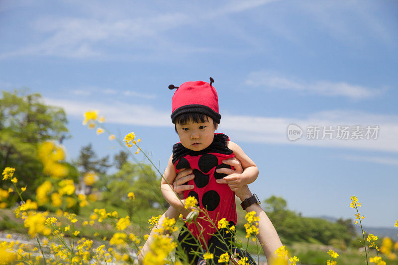 日本小女孩飞在花园的瓢虫衣服