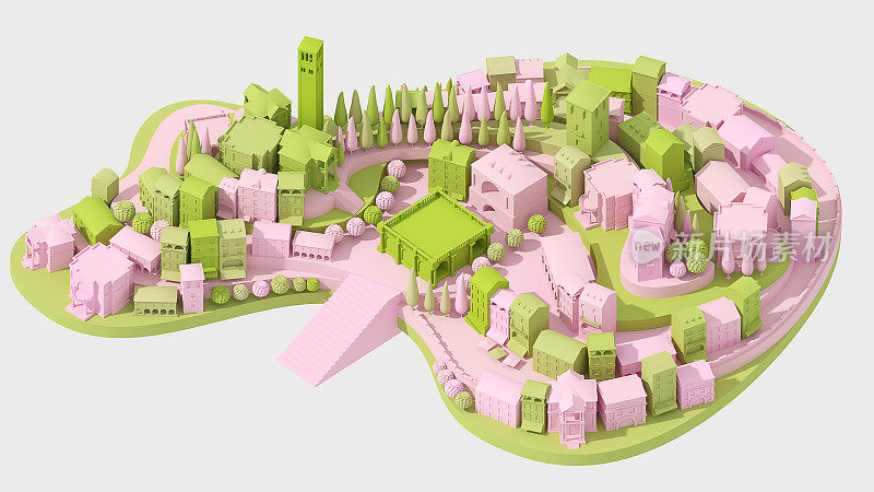 迷你玩具老城概念粉红色和绿色孤立在白色，3d渲染