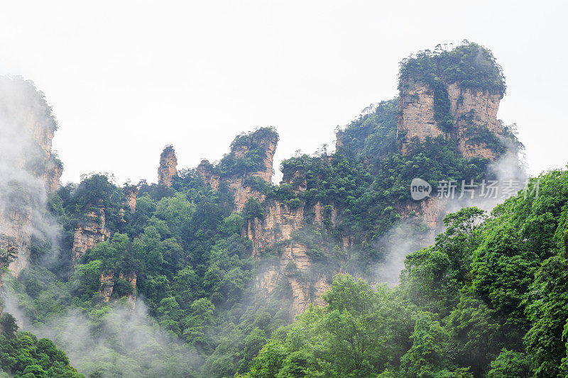 美丽的石山，绿树环绕，白色的云雾。绿山景观