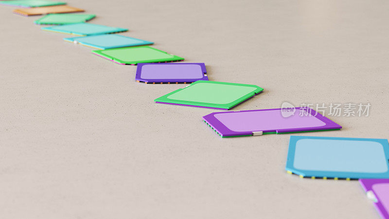 颜色鲜艳的SD卡在一个中性的表面上的长隔离线