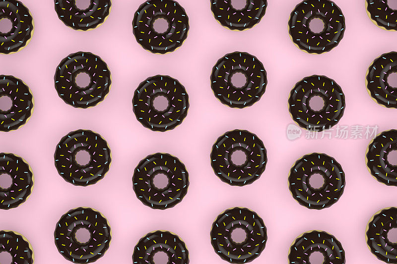 甜甜圈，俯视图，粉色背景，平铺