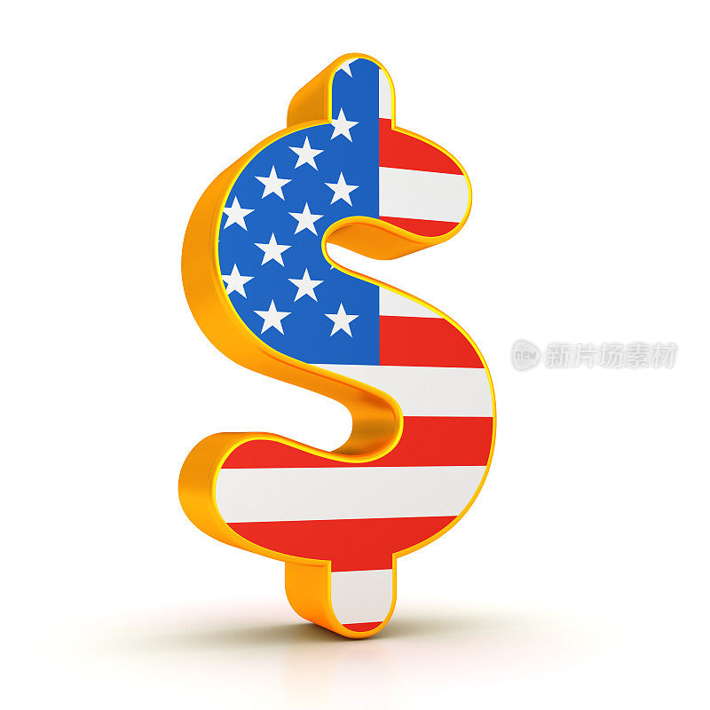 金色的美元标志与美国国旗孤立在白色的背景。美国商业概念。剪切路径包括