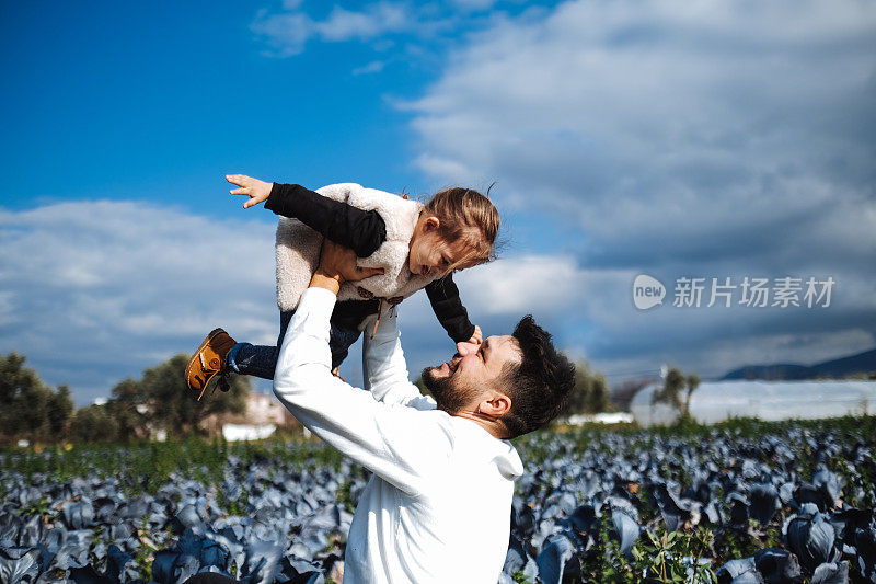 爸爸和女儿在卷心菜地里玩