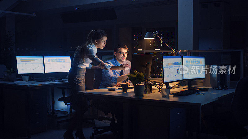 商人使用台式电脑，他的女项目经理解释具体任务，帐户处理和战略举措。深夜在大公司办公室工作的职场人士