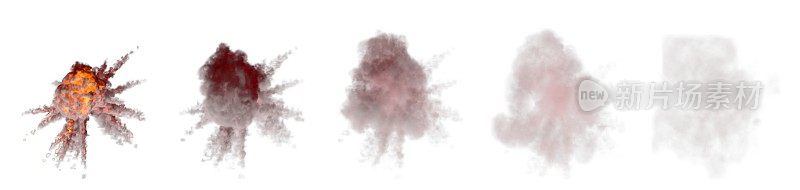 许多巨大的炸弹爆炸蘑菇云与火和烟孤立在白色背景上的图像-物体的3D插图