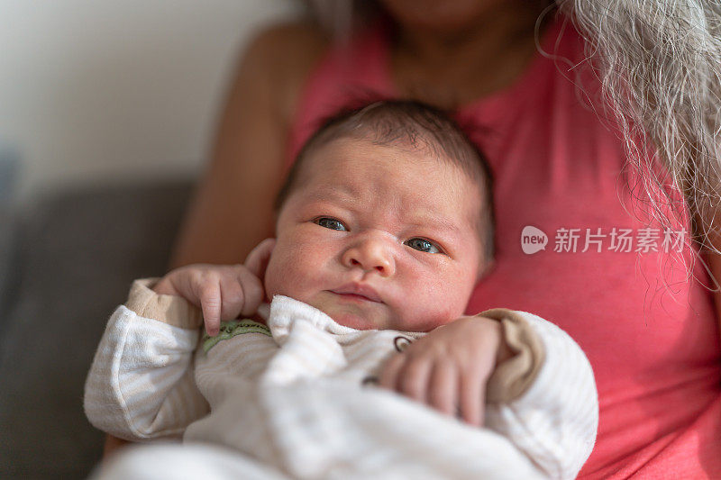 刚出生的婴儿在祖母的怀里