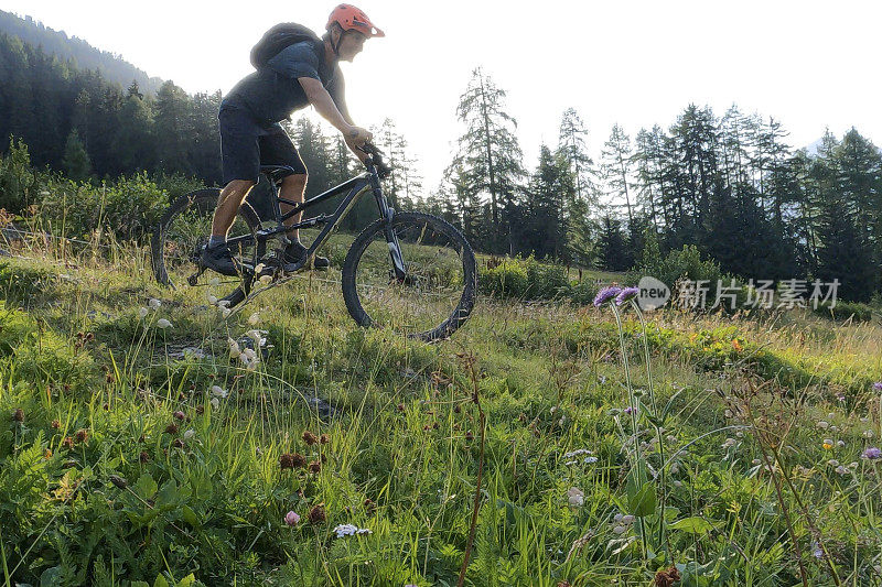 山地自行车从长满草的山坡上滑下来