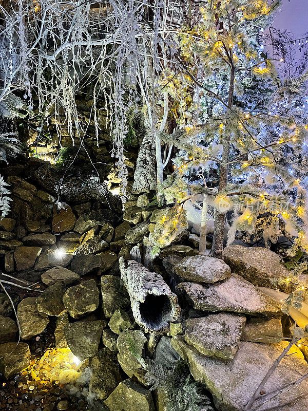 冬季林地展示，岩石池，许愿井，硬币点亮童话灯的图像