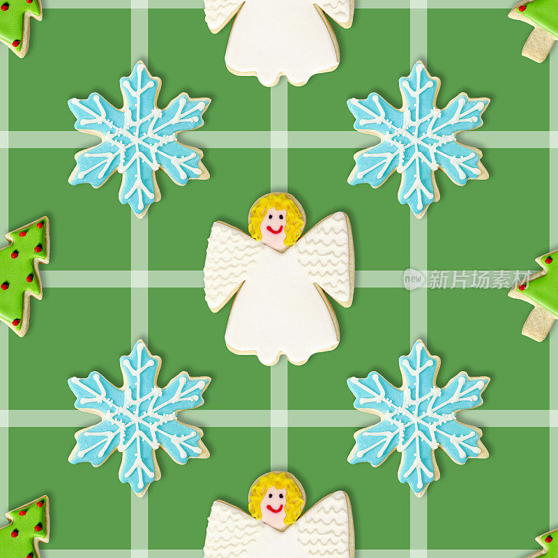 圣诞树，蓝色雪花和天使:圣诞饼干重复图案背景壁纸