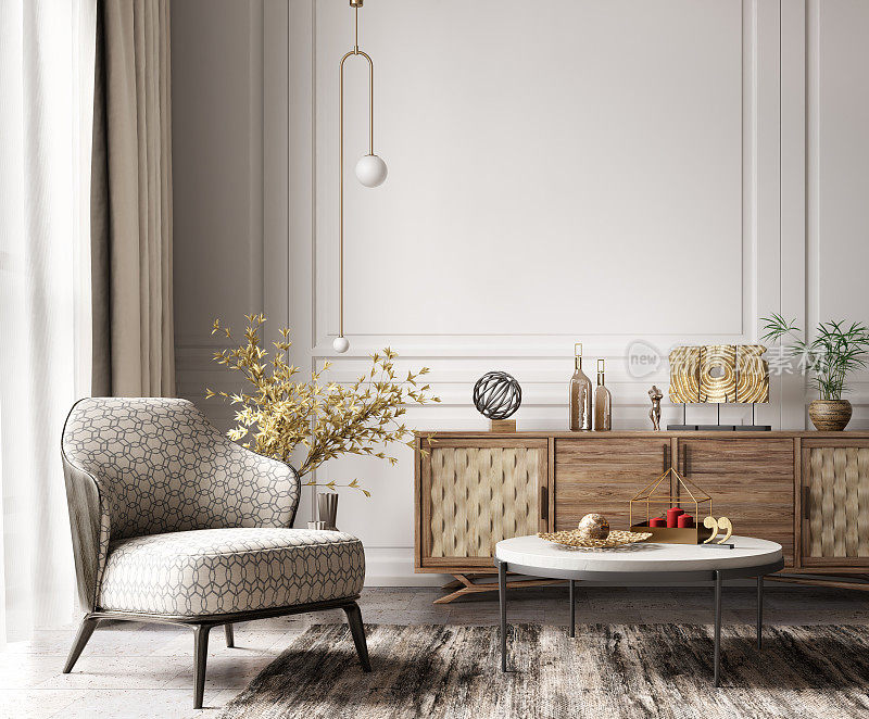 现代的客厅内饰，木制餐具柜和扶手椅。地毯上的大理石咖啡桌。家居设计。三维渲染