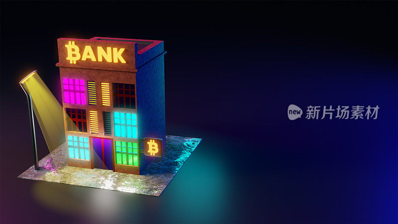在黑暗背景上的3D渲染银行建筑，霓虹灯标志和比特币标志。银行及自动柜员机提供网上服务。夜间街景的银行与自动取款机。