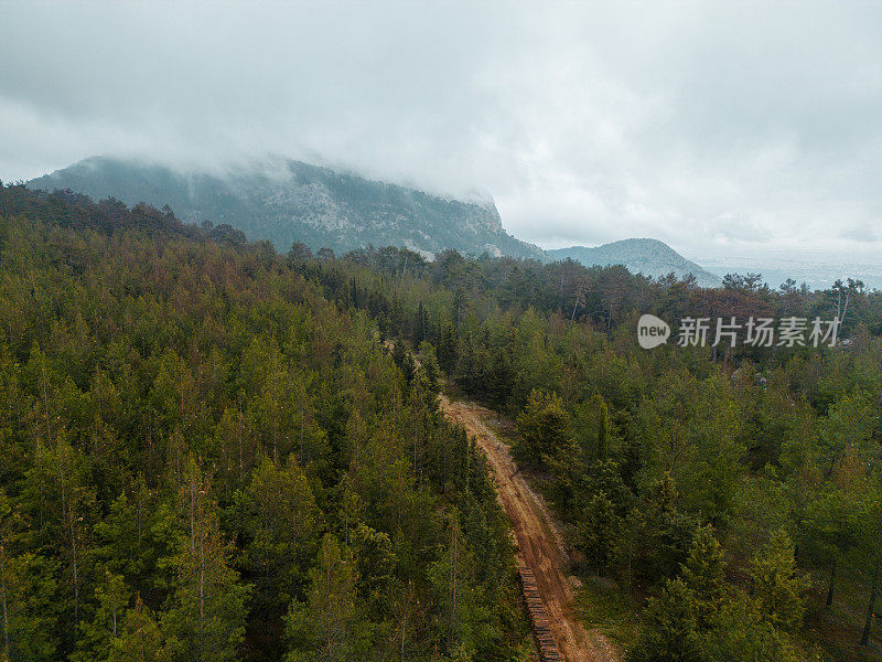 云雾天气下的森林、土路和山地景观航拍。