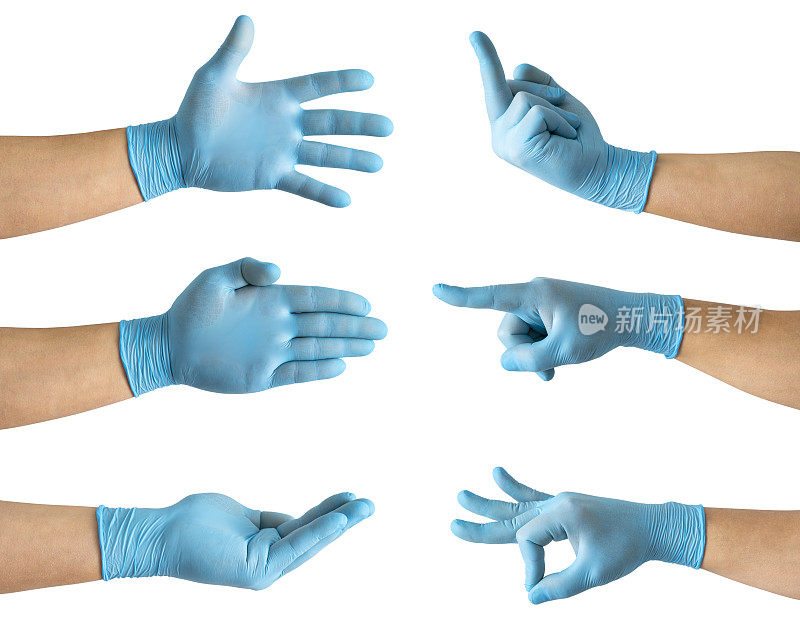 一组戴着蓝色手套的男医生的手被隔离在白色背景上