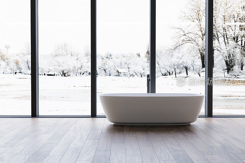 冬季概念的现代浴室内饰，白色浴缸和别致的梳妆台，黑色墙壁，拼花地板，植物，自然采光。最小的浴室与现代家具