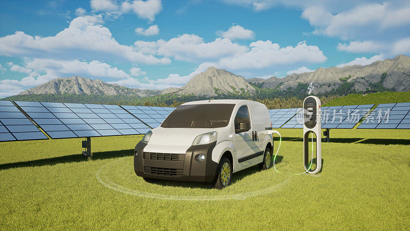 在装有太阳能电池板的电动汽车充电站充电的电动货车