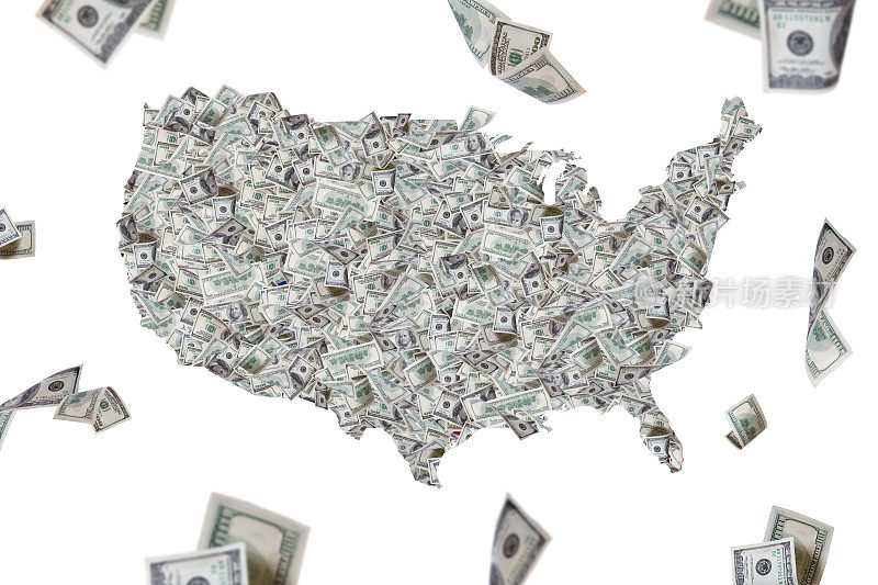 美国地图上的现金和美元钞票飞行