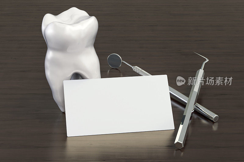 木桌背景为空白的牙科公司或牙医名片。三维渲染