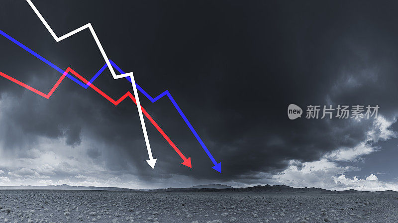 厄运。股票市场图表显示下跌和乌云密布