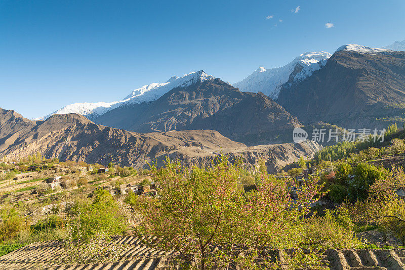 自然风景沿着喀喇昆仑山在罕萨山谷与樱花盛开的秋天巴基斯坦