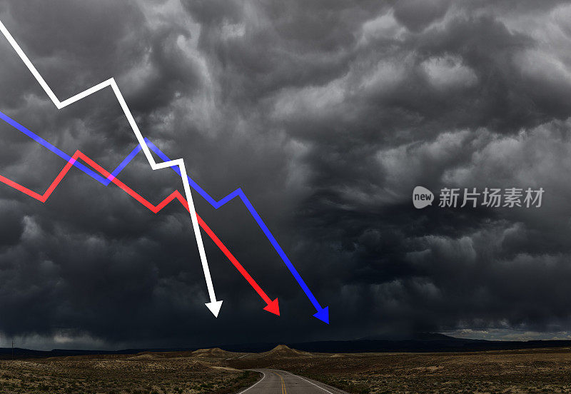 厄运。股票市场图表显示下跌和乌云密布
