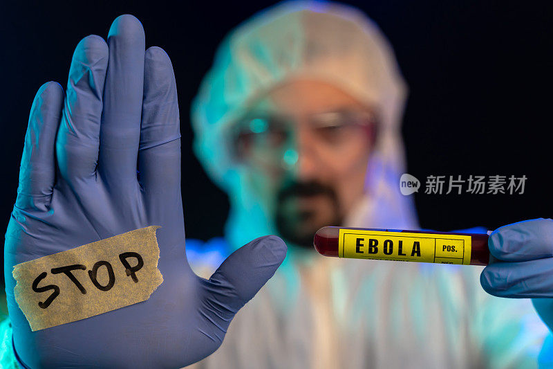 实验室科学家拿着埃博拉血液样本看着摄像机并显示停止标志