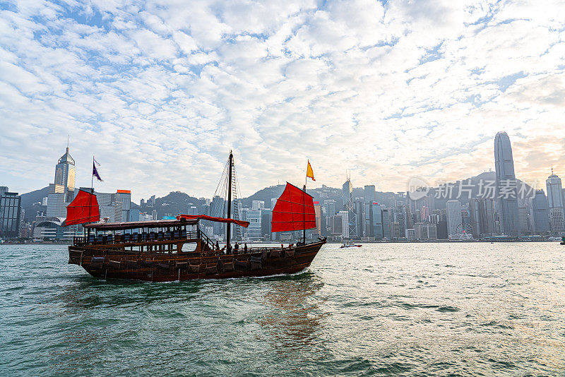 红帆舢舨在夕阳下沿香港市区巡游