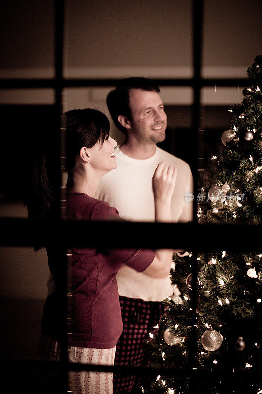 快乐的夫妇在家里装饰圣诞树