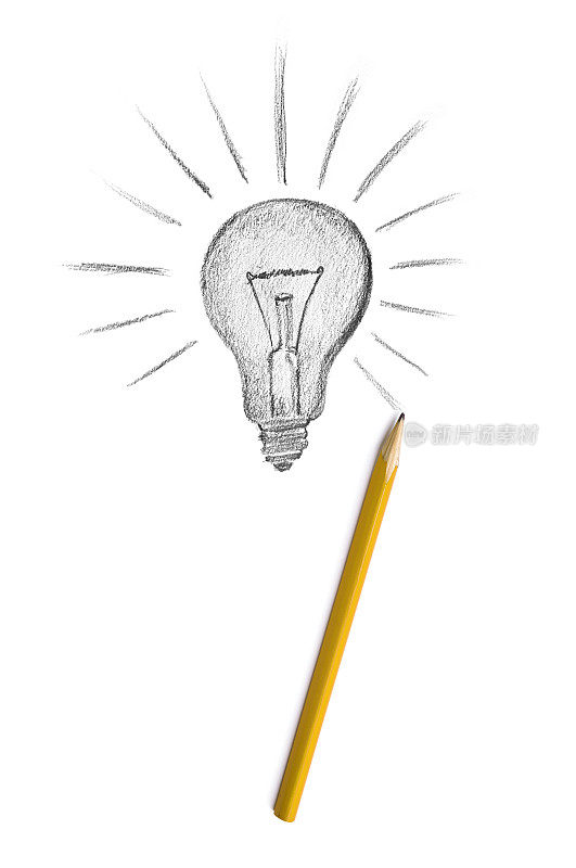 创造创意——用黄色铅笔画的木炭灯泡