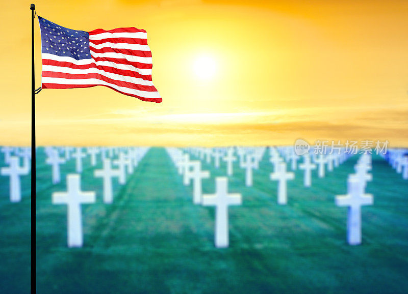 阵亡将士纪念日，美国国旗在墓地上