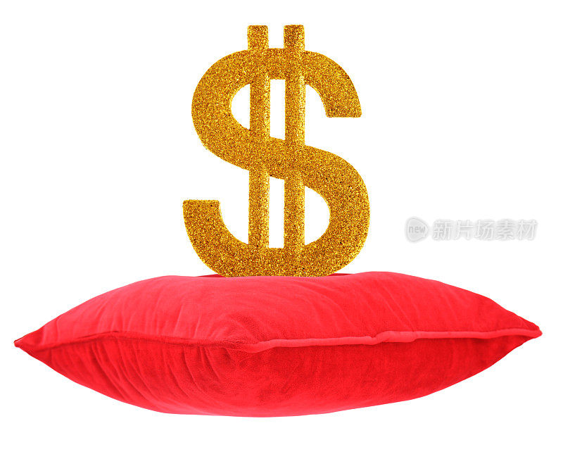 红色天鹅绒垫子上闪闪发光的美元标志