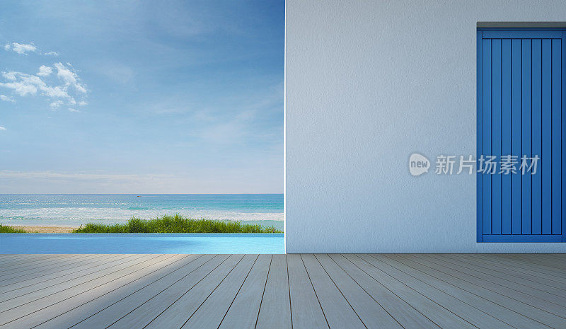 豪华海景游泳池在现代白色海滩房子