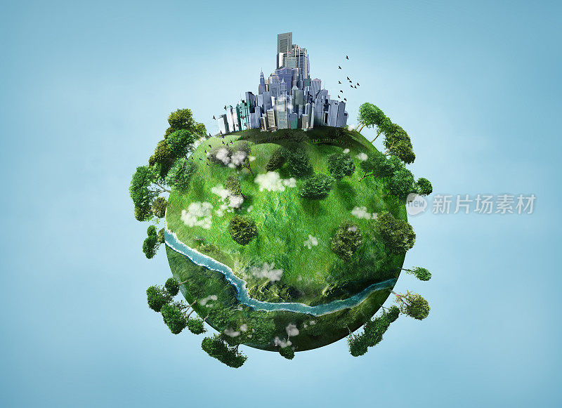 插图的一个小绿色星球与河流和城镇