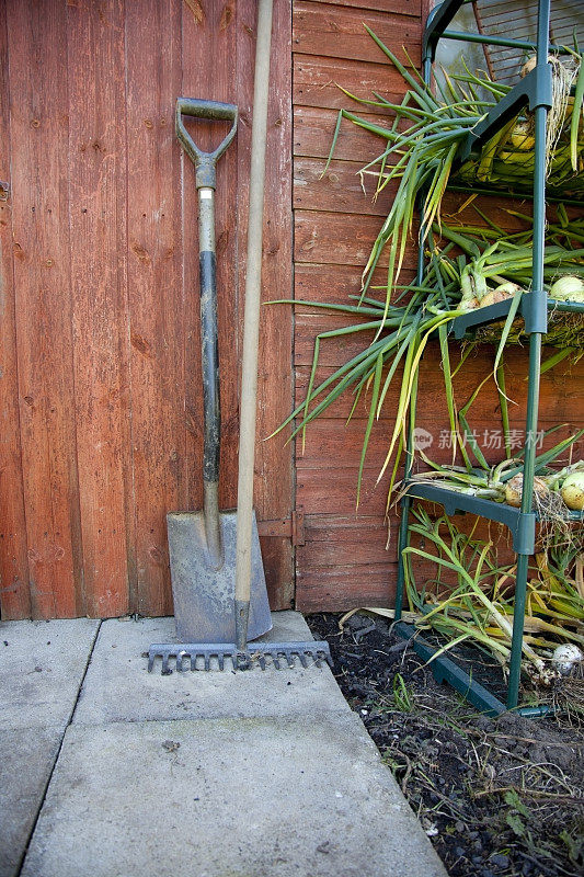 花园棚用铁锹和耙子