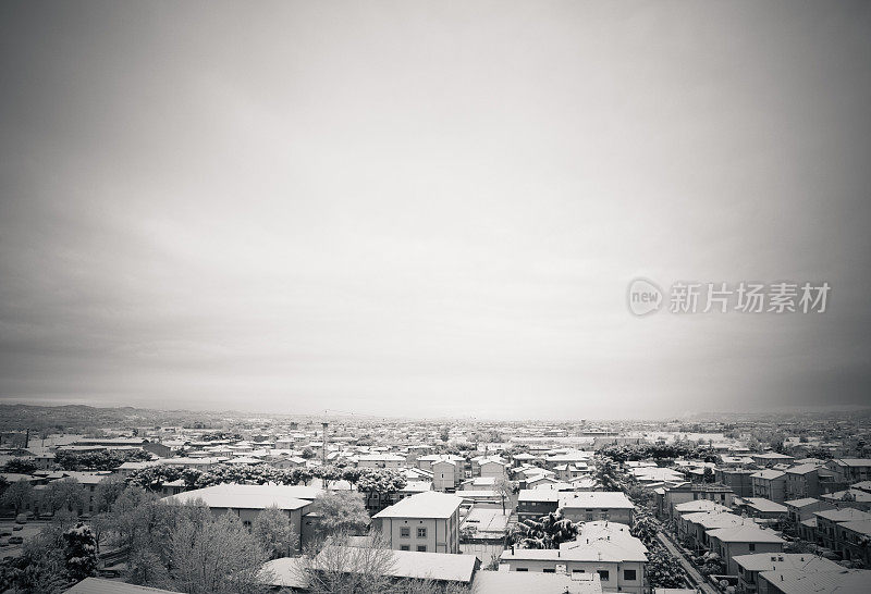 冬季全景图，1月份屋顶覆盖着积雪的房屋