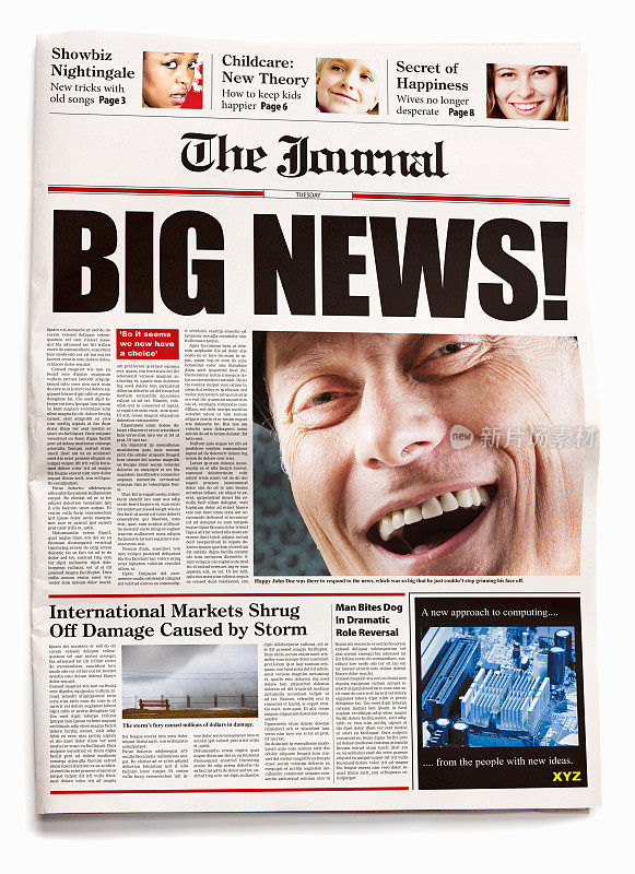 报纸头版上写着“大新闻!”与微笑的男子视觉