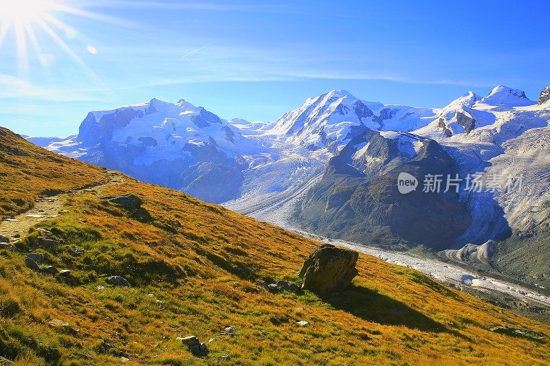 阳光明媚的蒙特罗莎山脉，戈纳冰川，瑞士阿尔卑斯山