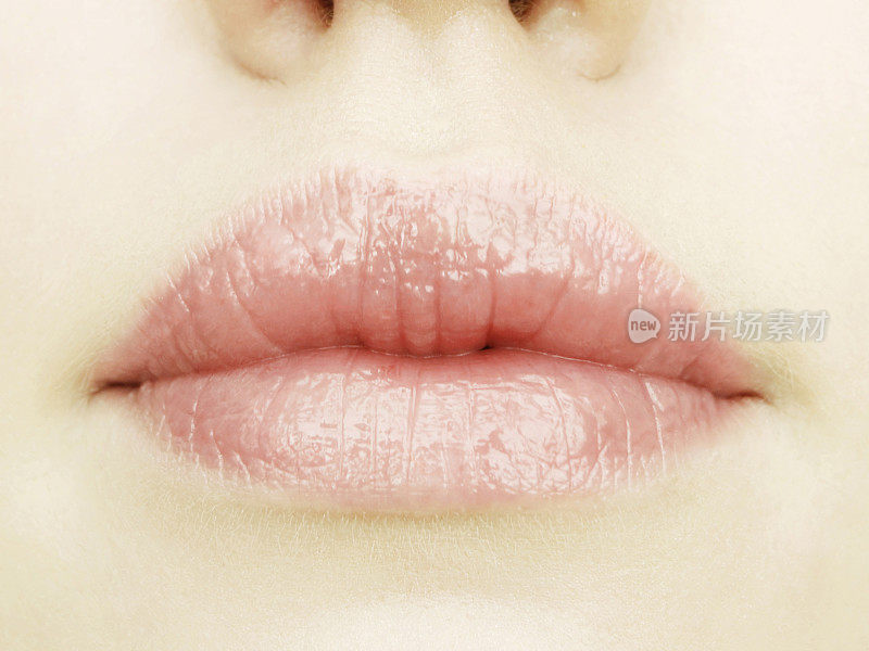 丰满的嘴唇化妆-自然唇彩闪亮的宏观