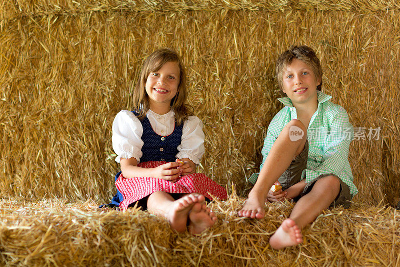 快乐的孩子们坐在稻草里