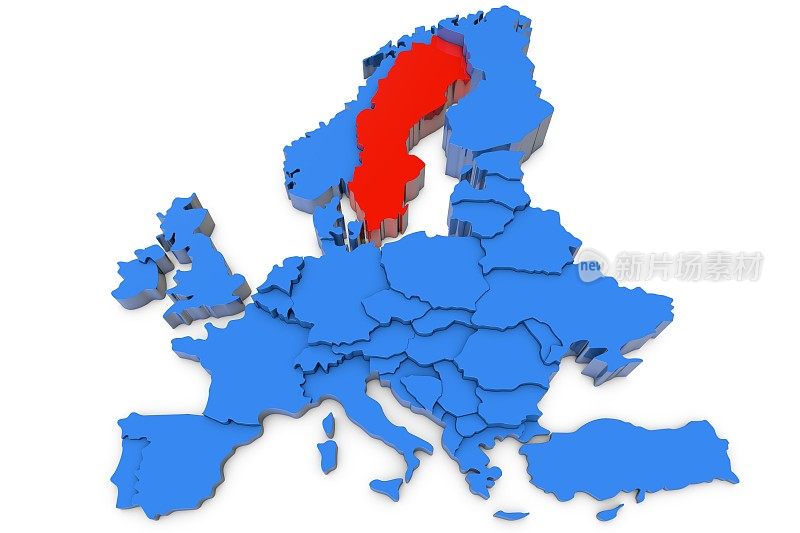 用红色标出瑞典的欧洲地图